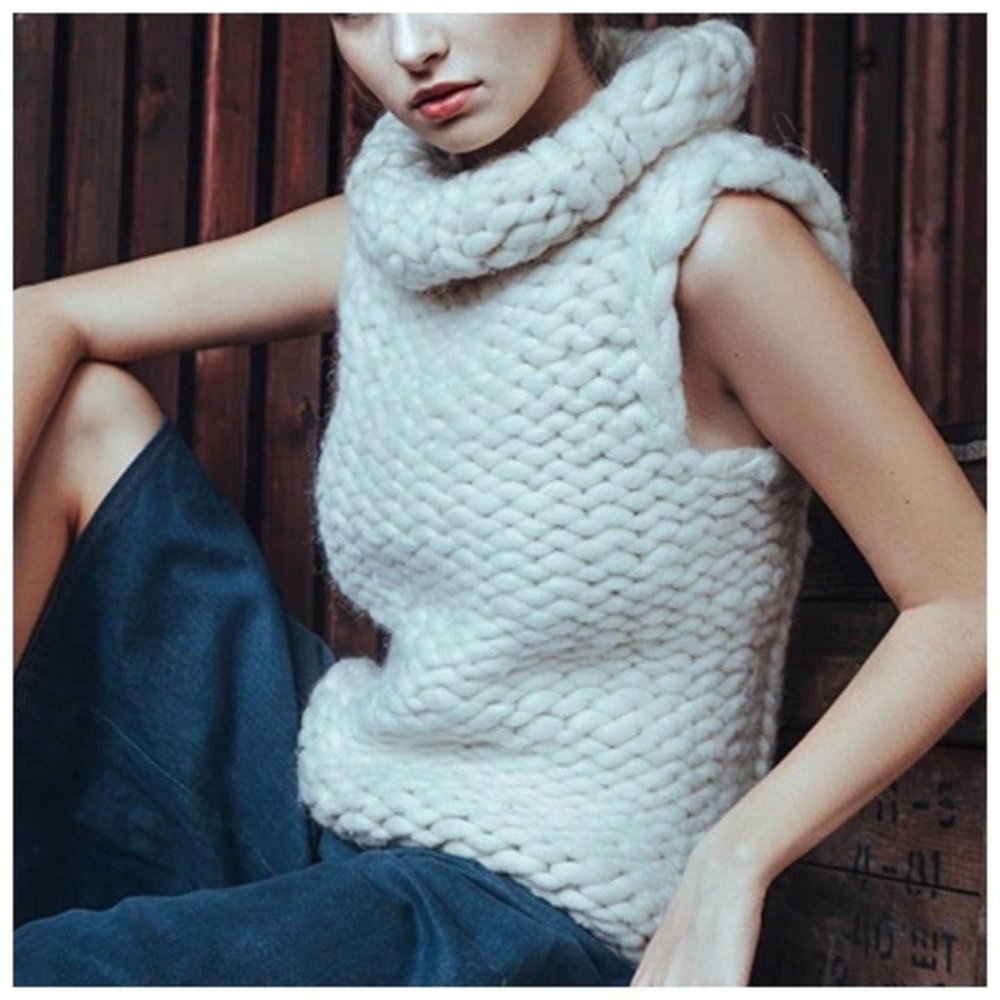 Rolled Collar Cream Chunky Hand Knit Sweater